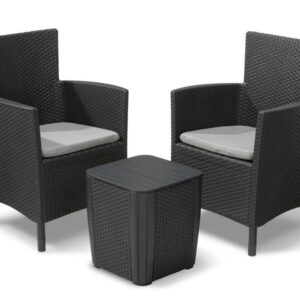 Keter Iowa 3-Piece Rattan Effect Storage Table Balcony Bistro Set - Graphite