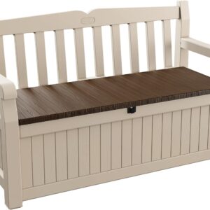 Keter Eden Bench 265L Outdoor 60% recycled Garden Furniture Storage Box Beige & Brown Wood Panel Effect | Fade Free | All Weather Resistant | Safe and Secure | Zero Maintenance | 2 year Warranty