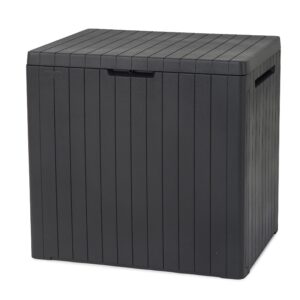 Keter City 113L Outdoor 96% recycled Small Balcony Garden Furniture Storage Box Grey Wood Panel Effect | Fade Free | All Weather Resistant | Safe and Secure | Zero Maintenance | 2 year Warranty