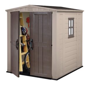 Keter Factor Outdoor Apex Double Door Garden Storage Shed 6 x 6ft Beige Brown Wood effect | Fade Free | All Weather Resistant | Safe and Secure | Zero Maintenance | 15 year Warranty